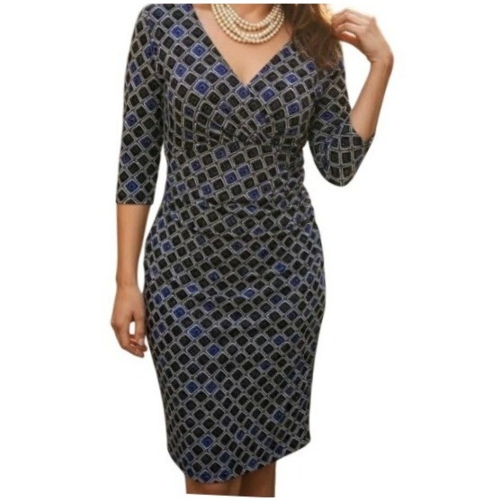 Lauren Ralph Lauren Womens 14 Black Blue Geometric Print Jersey Knit‎ Dress
